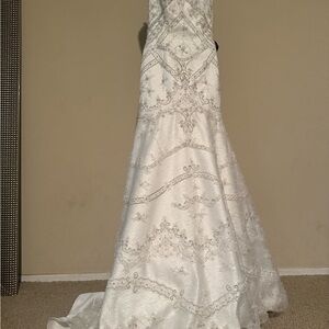 Val Stefani Embellished Strapless White and Silver Wedding Gown